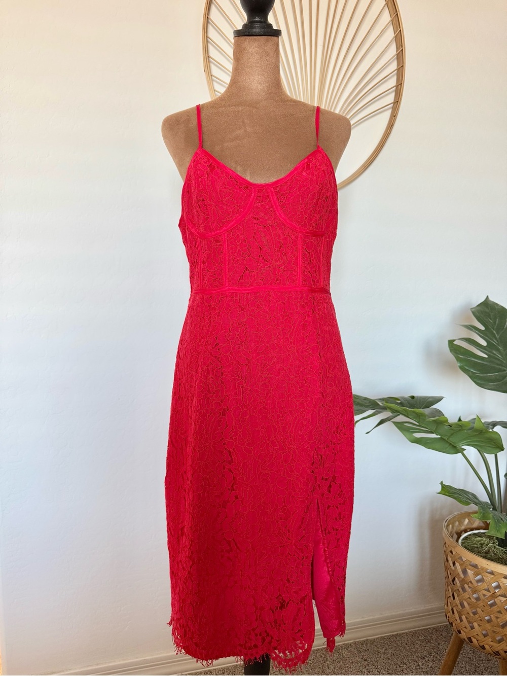 Red Lace Slip Midi Dress - Women's Wedding Guest Dress or Date Night